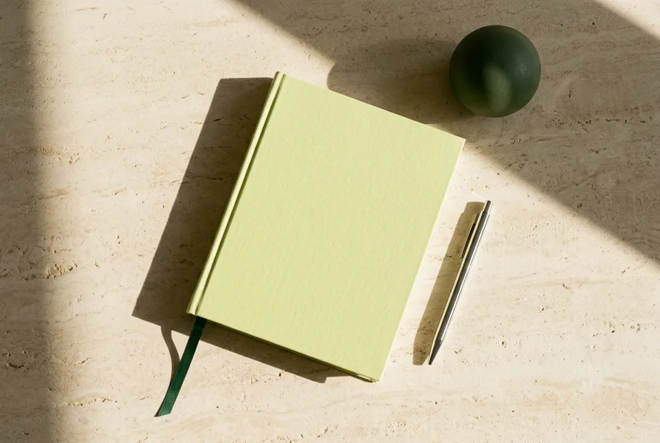 Art-directed lime notebook and pen in sunlight; conceptual digital template cover artwork